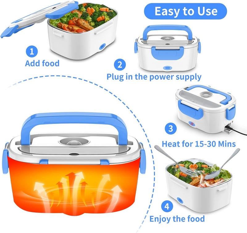 CHARMDOO Electric Lunch Box, Food Warmer Heater 12V 24V 110V, 80W Faster Heated Lunch Box for Car/Truck/Home Portable Heating Boxes with 1.5L 304 SS Container Fork & Spoon, White+Blue - Image 5